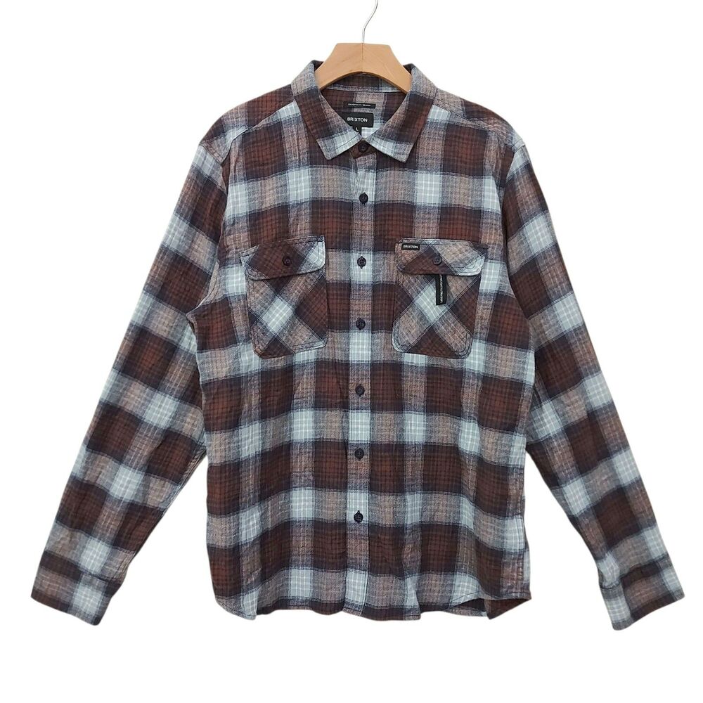 Brixton Flannel Bowery Flannel Shirt Mens Large Gray Brown Plaid Long Sleeve